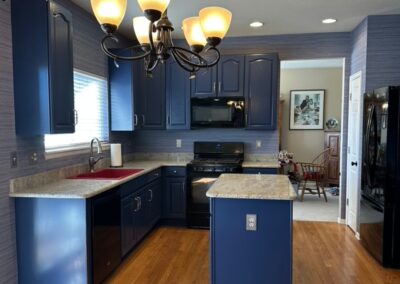 Fresh blue paint on cabinets