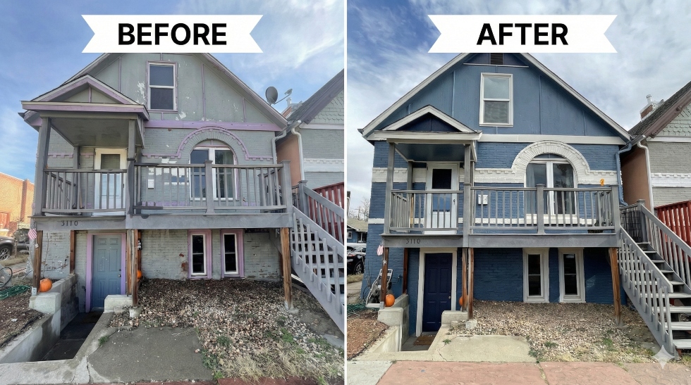 Before and after image of a home exterior that has been painted