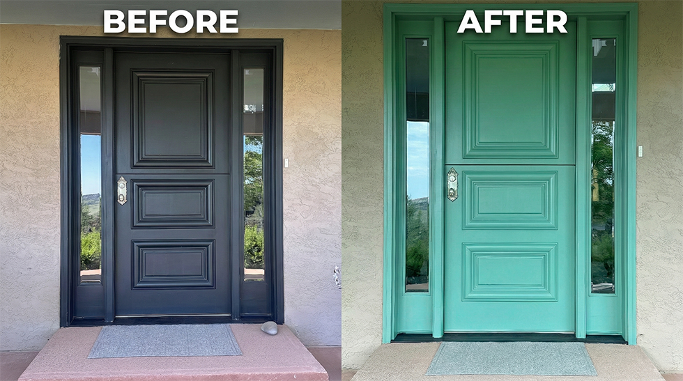 Before and after of black door painted green