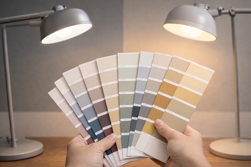 Color swatches under dual lamps