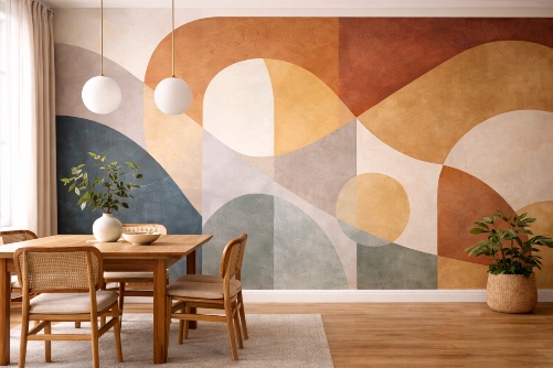 Geometric mural in dining room with earthy tones