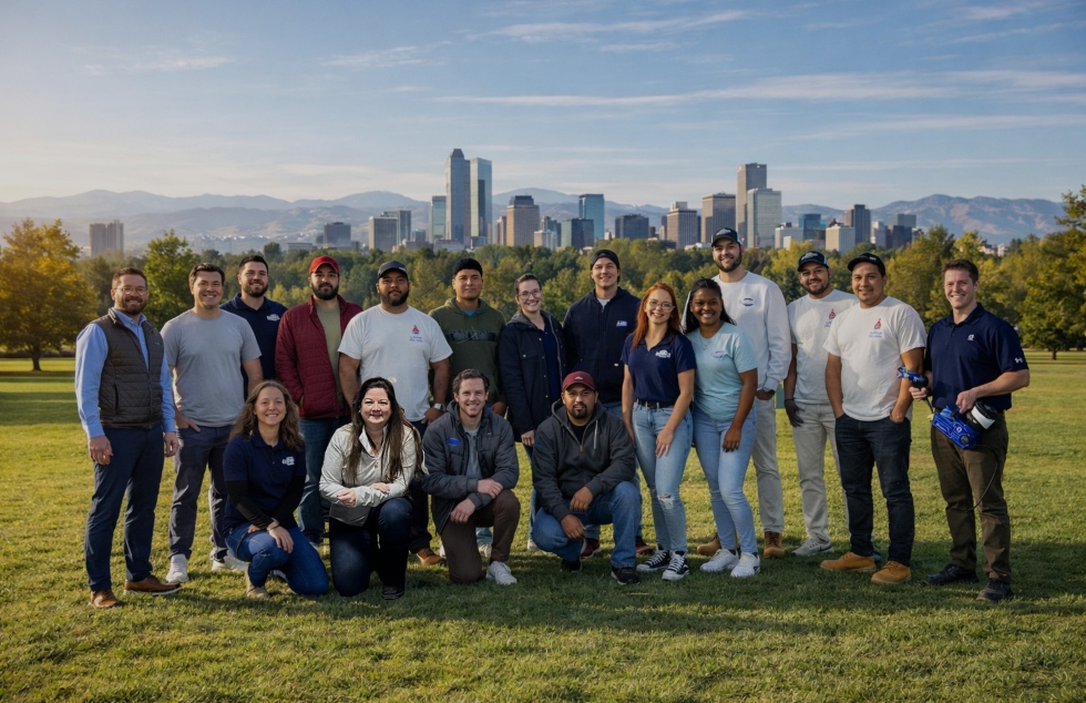 Harmony team in field with Denver skyline in the background
