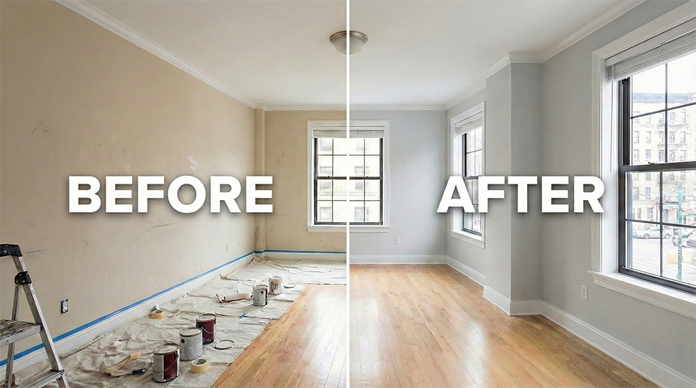 Apartment before and after painting the interior living room