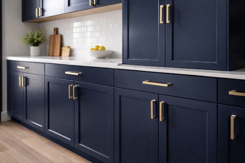 Modern navy kitchen cabinets with elegant accents