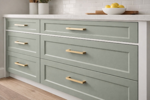 Sage green drawers under white countertop