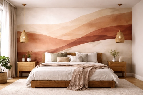 Serene bedroom with flowing abstract mural