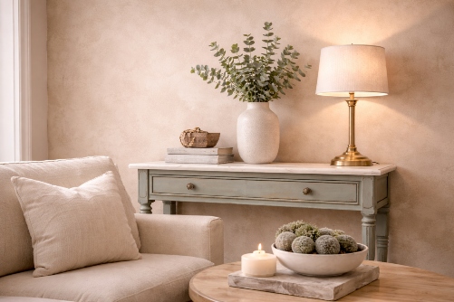 Serene living room corner with vintage accents and Serene living room corner with vintage accents