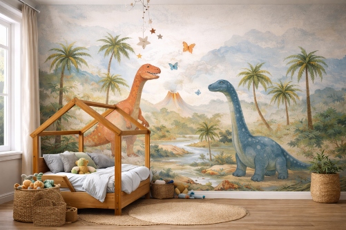 bedroom with Dinosaur-themed mural wooden bed