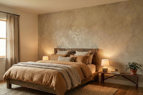 bedroom with a antique faux finish on wall