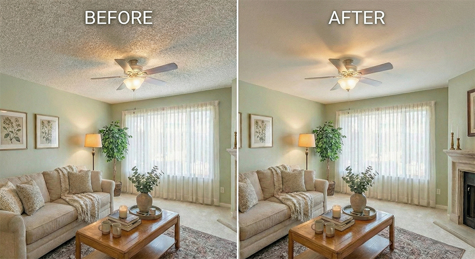 before and after image of living room with popcorn ceiling and without