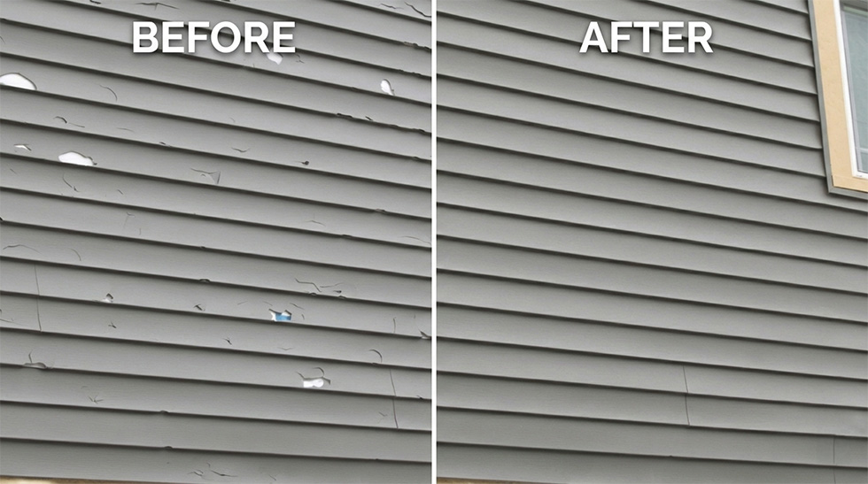 before and after image of siding damage from hail