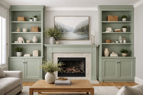 built in shelves, cabinets and trim around fireplace painted with sage green