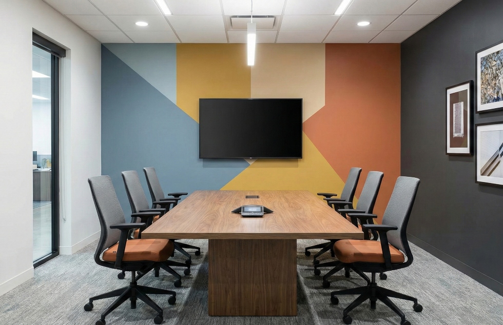 conference room with pattern mural painted on the back wall in blues, yellows and oranges