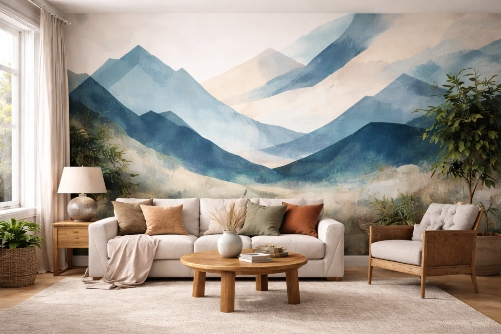 living room with abstract mountain mural