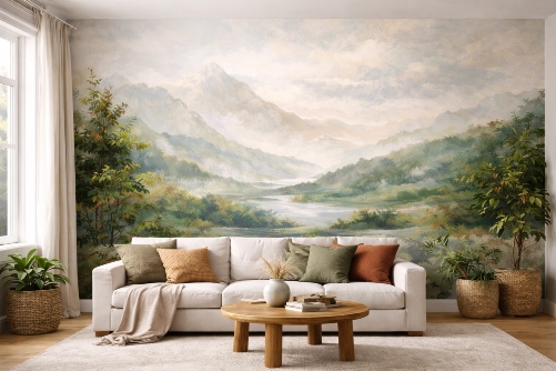 living room with mountain and stream mural
