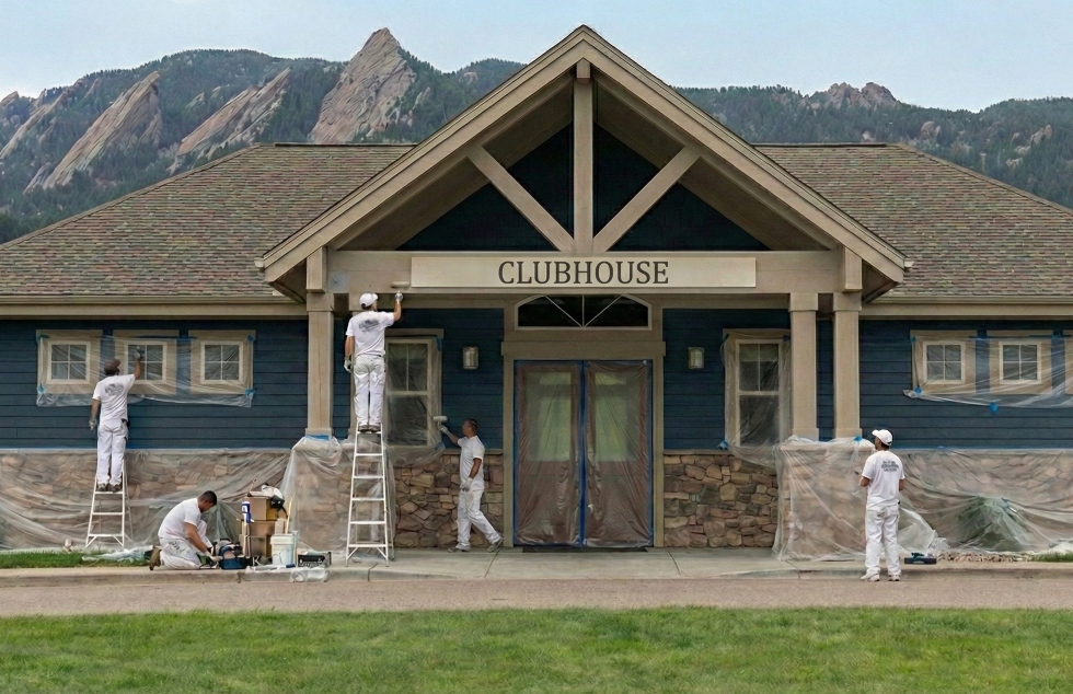 paint staff working on an HOA Clubhouse with mountains in the foreground