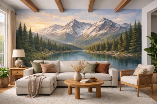 realistic mountain and river mural in living room