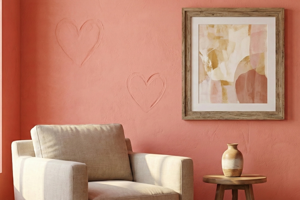 salmon color textured wall with hearts - artwork and a chair