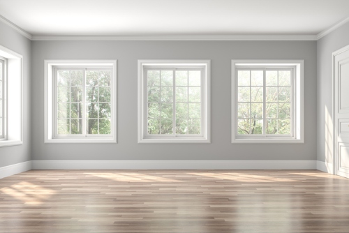 white window trim on gray walls