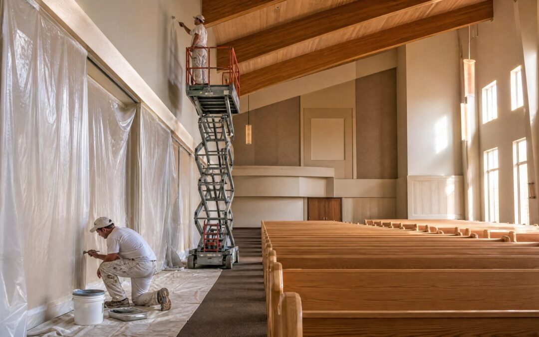 Two Harmony Painting crew members painting the interior of a Colorado church sanctuary, one on a raised scissor lift near the high wood-beam ceiling and one cutting in trim beside a contained work zone