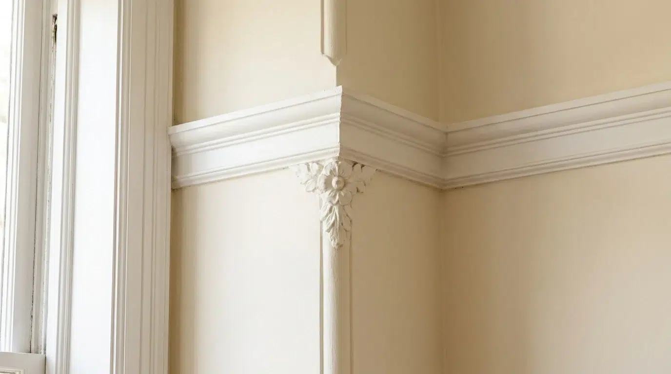 Painted crown molding and architectural millwork in an older home